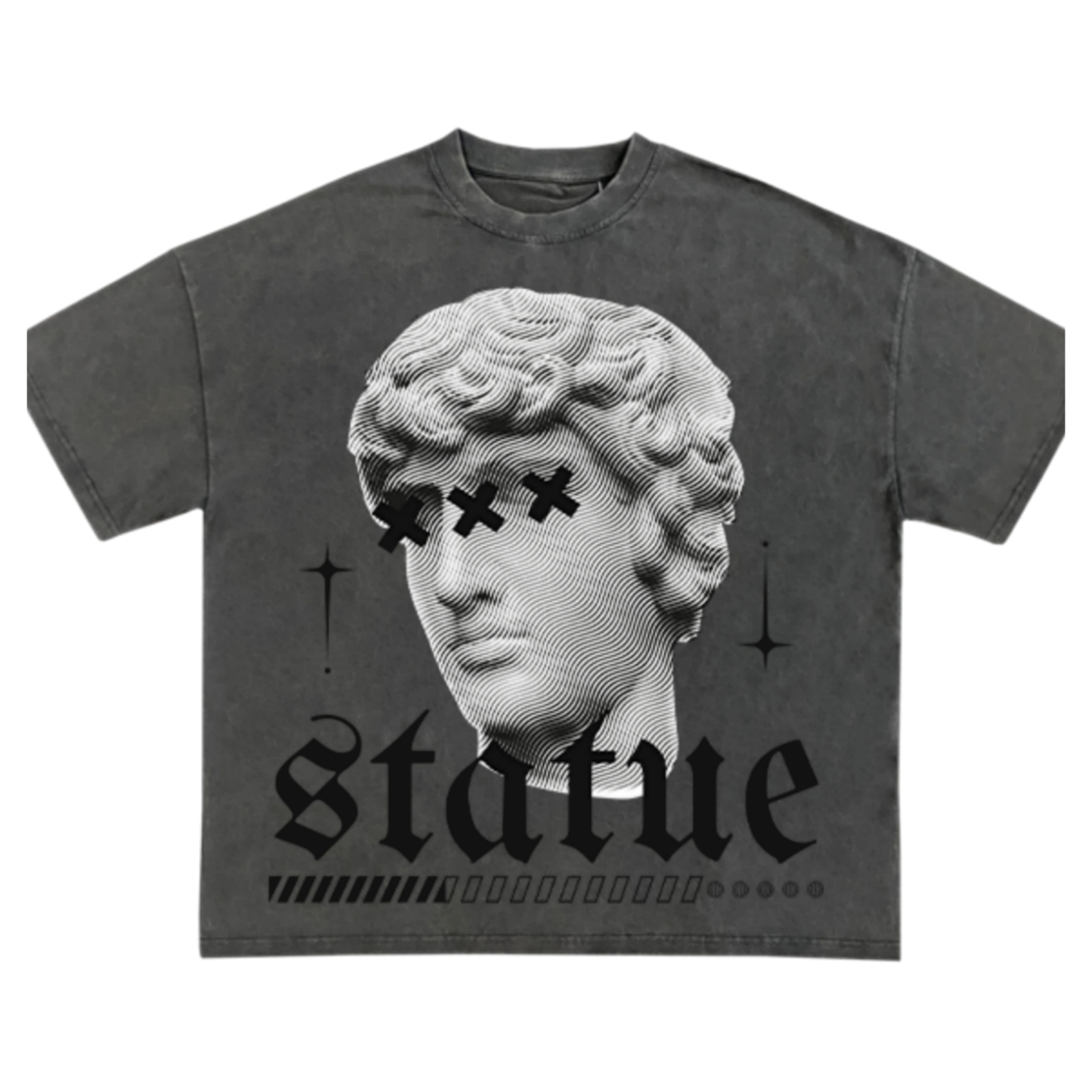 A dark gray short-sleeve t-shirt with a graphic print of a classical statue head with black 'X' eyes, the word 'statue' in a gothic font, and small star accents, shown on a plain white background.