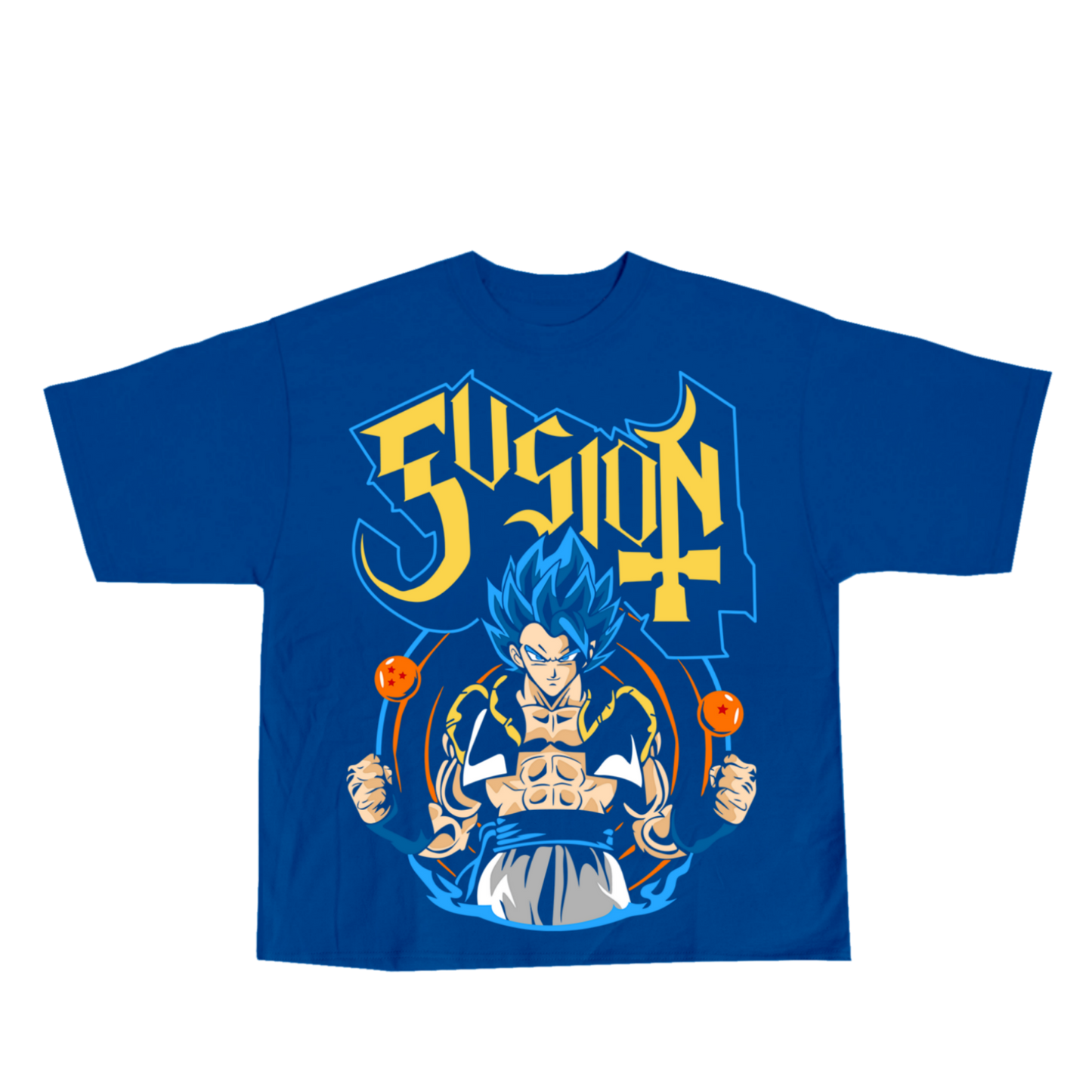 A royal blue short-sleeve t-shirt featuring a large graphic print of an anime character with spiky blue hair and the word 'Fusion' in yellow stylized lettering.